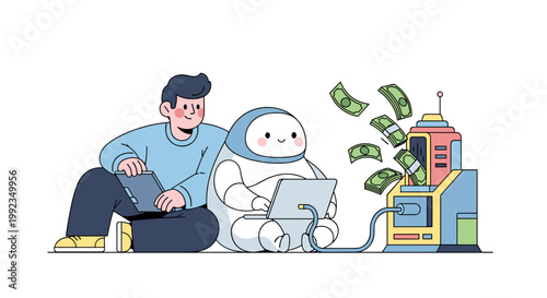 AI robot and human managing online income system with automated money generation