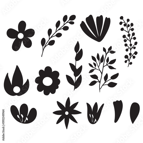 Set of black botanical elements flowers leaves and branches minimal flat design