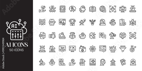 Artificial Intelligence Icon Set with AI Brain, Machine Learning, Robot, Data Network and Futuristic Technology Vector Collection