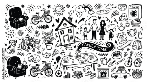 Family activities doodle illustrations showcase various scenes
