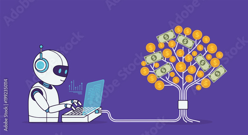 AI robot growing digital money tree with smart investment and automated profit system