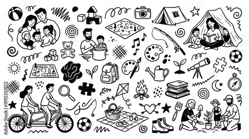 Fantasy creatures doodle illustrations depict people outdoors enjoying nature leisurely.