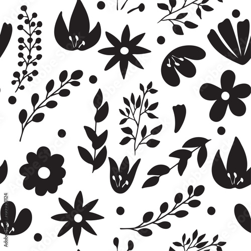 Black and white botanical seamless pattern with flowers and leaves minimal design