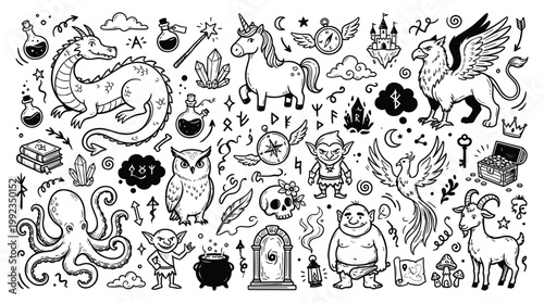 Fantasy RPG doodle illustrations showcase mythical creatures and magic symbols