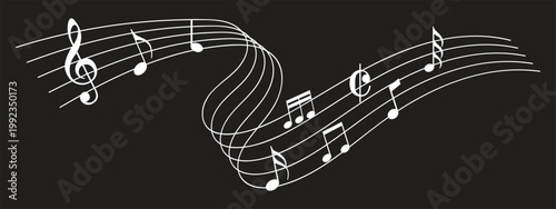 Music notes wave. Flowing musical staff lines with notes, clefs and melody rhythm patterns in dynamic circular, spiral and wavy shapes. Elegant swirling compositions for music posters. Vector set