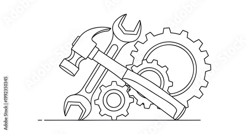 Mechanical tools, gear icons, industrial symbols, engineering graphics