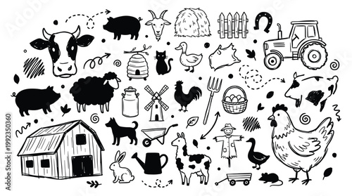 Farm scene with animals and accessories doodle illustration