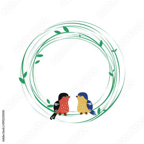  A set of brightly colored birds perched on a branch. Round frame, floral border. Branches, leaves. A pair of birds. Natural background for a postcard, banner, text space, or festive backdrop.
