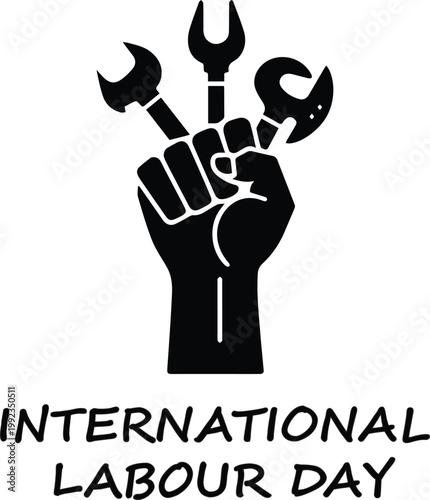 Industrial labor icon, raised hand with tools, strong silhouette style, white background.