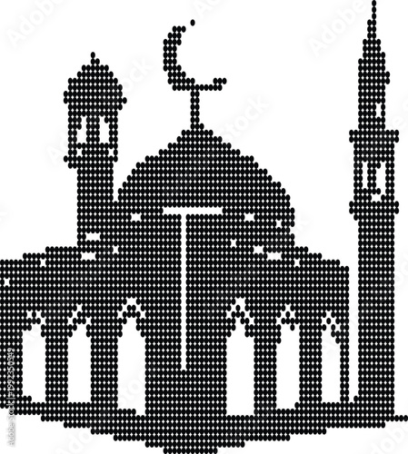 Pixel art mosque silhouette on transparent background Islamic architecture mosaic design.