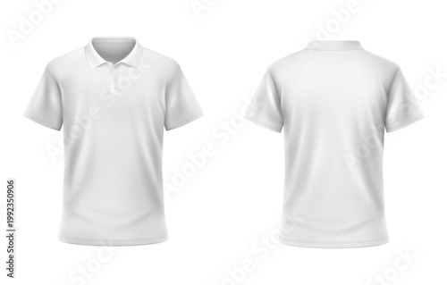 White polo shirt vector mockup with front and back views, 3D realistic short sleeve collared uniform template, blank unisex top isolated for branding, printing, retail catalog or corporate wear