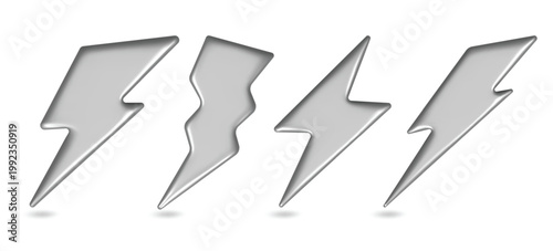3d silver lightning. Metal thunder bolt flash, chrome y2k strike arrow, metallic thunderbolt realistic render. Electric charge warning symbol, thunderstorm sign, energy power, fast vector emoji icons