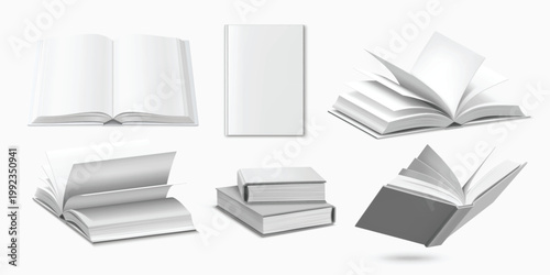 Realistic books vector set with open and closed hardcover mockups, blank white hardback covers, stacked and floating books with turning pages, isolated 3D objects