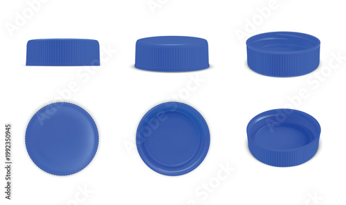 3D Plastic water bottle cap. Realistic polyethylene blue plastic caps multiple angles. Vector isolated set