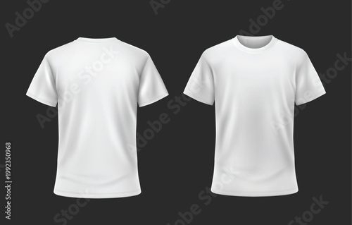 White T shirt realistic 3D mockup vector set with front and back views, blank short sleeve tee template on black background, empty apparel presentation for print branding and merch design
