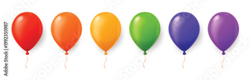 Realistic 3D balloons vector set with red, orange, yellow, green, blue and purple helium party decorations, glossy floating latex balloons isolated for birthday celebration