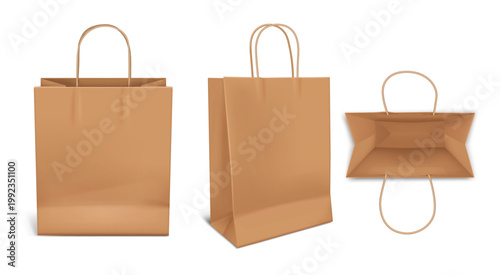 Kraft paper shopping bag mockup with handles, realistic 3D brown retail package in front, side and top views, empty eco friendly paper pack vector template isolated