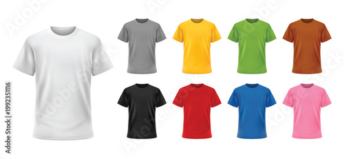 Colorful T-shirt mockups in realistic 3D front view, blank casual short sleeve shirts in white, gray, yellow, green, black, red, blue and pink for print vector design