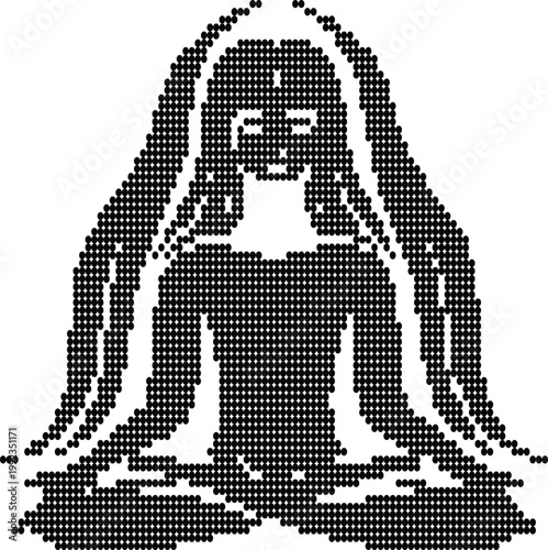 Silhouette of meditating figure with long hair made of dots on transparent background.