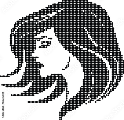 Silhouette of woman face with long hair made of dots on transparent background.