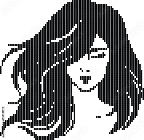 Portrait of a woman with long flowing hair in pixel art, conveying grace and beauty.