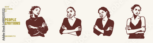Confident women crossed arms serious attitude portraits set. Illustrations for character design and branding visuals. Hand drawn sketch style with clean strong contours.