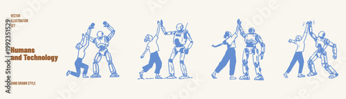 Human and robot teamwork collaboration scenes. Illustrations for business concepts and innovation storytelling. Hand drawn pencil style with dynamic expressive strokes.