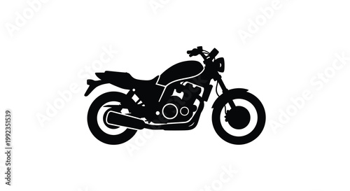 A striking black silhouette of a classic motorcycle is prominently displayed against a clean white background silhouette high quality