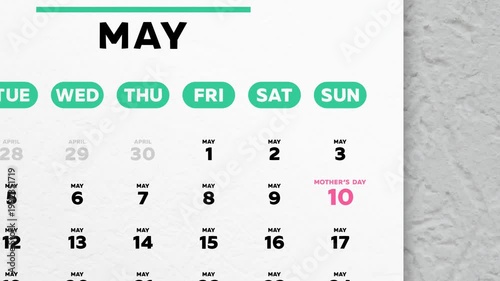 A nice May 2026 page of a wall calendar with the date of Mother's Day highlighted