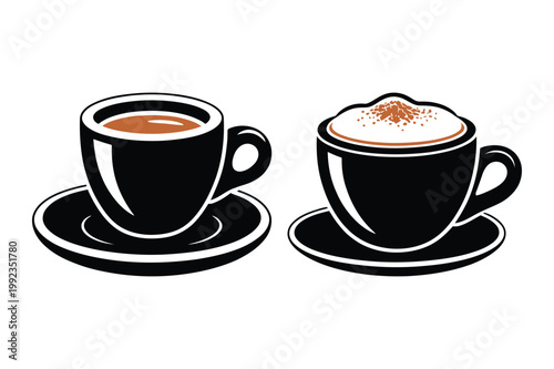 Two black cups of coffee on saucers, one espresso and one cappuccino, espresso