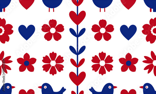 Scandinavian folk art seamless pattern with stylized birds and flowers in Nordic style