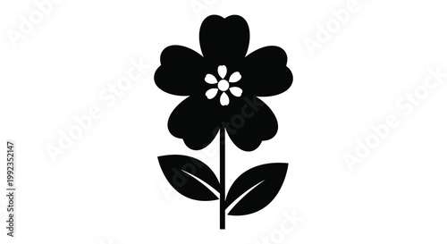 A simple graphic illustration of a blossoming flower with detailed petals and leaves presented as a silhouette high quality