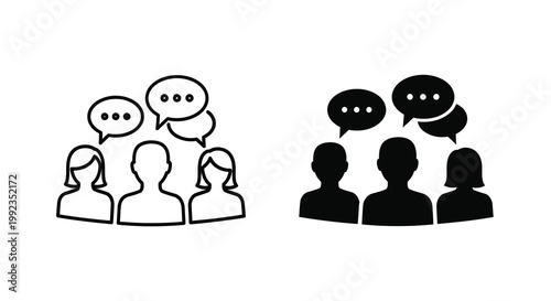 Groups of people communicating with speech bubbles in black and white