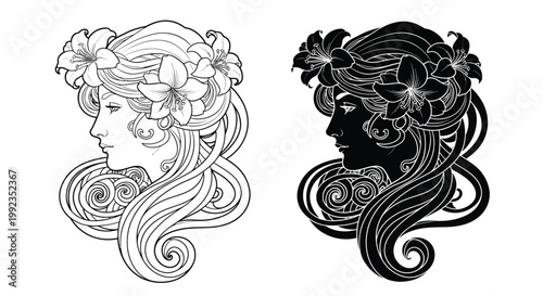 Two floral head portraits of women in a vintage illustrative style