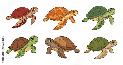 Cartoon illustrated turtles with colorful patterned shells expressive eyes friendly flippers playful aquatic animals fantasy nature character artwork scene
