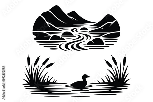 Nature landscape with mountains, river, and a duck in reeds by the water