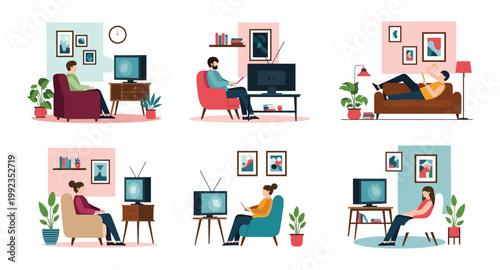 Flat vector illustration set of men and women relaxing at home sitting on armchairs and sofas watching television in cozy rooms