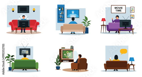 Flat vector illustration set of people sitting on sofas and armchairs watching movies and news on television in cozy living rooms