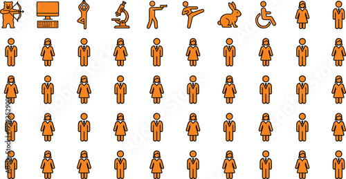 Orange illustrated icons collection showing diverse people animals activities business figures science technology sports creative symbolic graphic artwork set