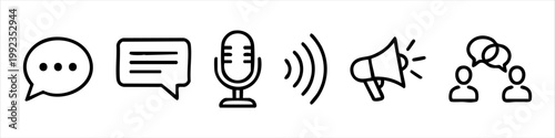 Set of communication line icons including speech bubbles, microphone, megaphone, and conversation symbols for social media, marketing, and web design.