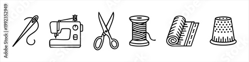 Set of sewing and tailoring icons including needle, sewing machine, scissors, thread spool, fabric roll and thimble. Black line art vector illustration isolated on white background.