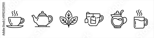 Set of tea and coffee line art icons. Vector illustrations featuring teapot, steaming cup, tea leaves, tea bag in mug, and glass teapot. Minimalist outline symbols for cafe menus and branding.