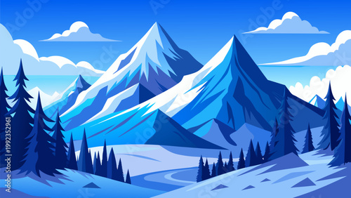 Snowy mountains with pine trees in bright blue and white lighting for winter landscape.