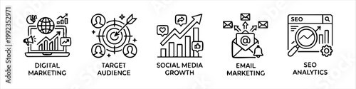 Set of hand-drawn digital marketing icons including target audience, social media growth, email marketing, and SEO analytics doodles for business strategy and online promotion.