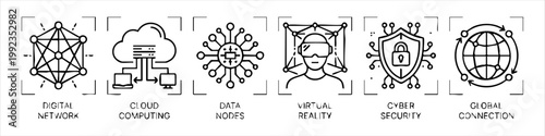 Hand-Drawn Digital Technology Icon Set Featuring Digital Network, Cloud Computing, Data Nodes, Virtual Reality, Cyber Security, and Global Connection in Sketch Style