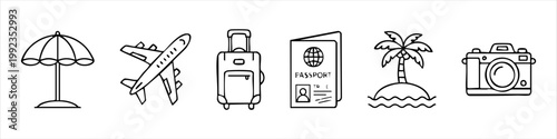 Set of Travel and Vacation Line Art Icons featuring Beach Umbrella, Airplane, Luggage, Passport, Tropical Island, and Camera