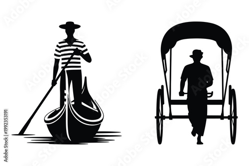 Traditional transport methods: gondola with gondolier and a rickshaw with puller