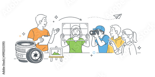 Photography learning concept illustrating beginners developing skills and understanding composition under guidance in a workshop setting, using a camera lens and a simple