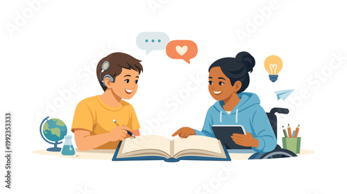 Inclusive education scenario where students with diverse abilities learn together in a supportive classroom environment, representing equality, accessibility, and shared