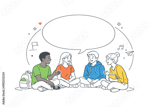 Student orientation social integration scenario showing students interacting and forming connections during their first days, with a group circle and a single speech